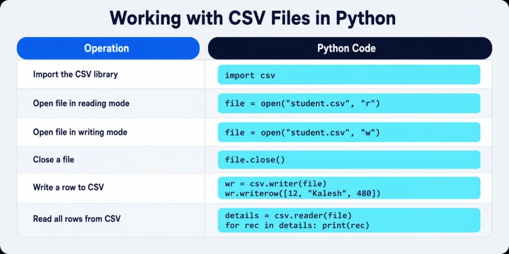CSV file operations in Python — python programming class 11 AI CBSE reference card